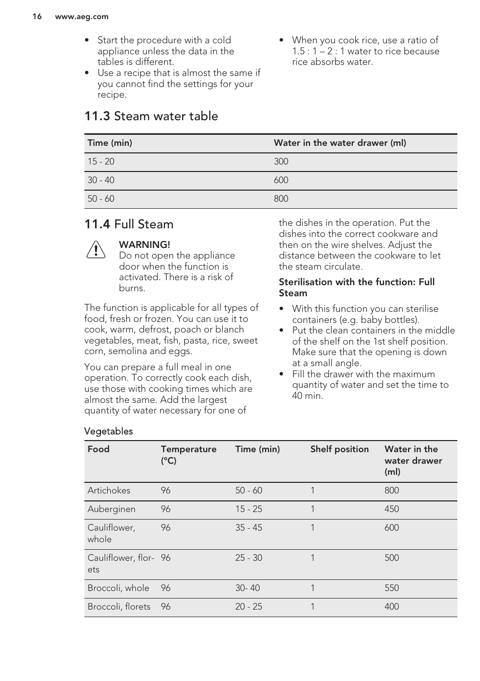 3 steam water table, 4 full steam | AEG KE8404001M User Manual | Page 16 / 24