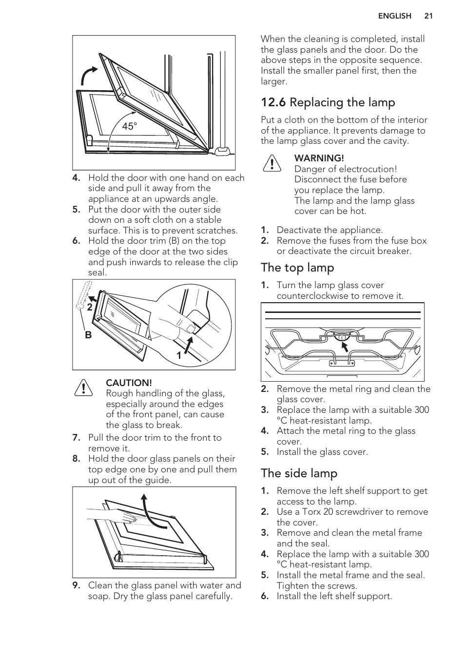 6 replacing the lamp, The top lamp, The side lamp | AEG KE8404001M User Manual | Page 21 / 24