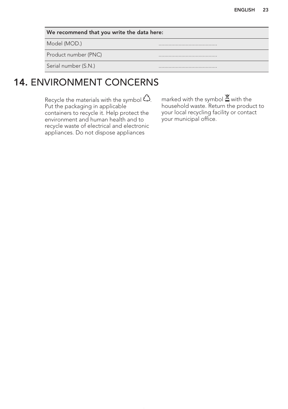 Environment concerns | AEG KE8404001M User Manual | Page 23 / 24
