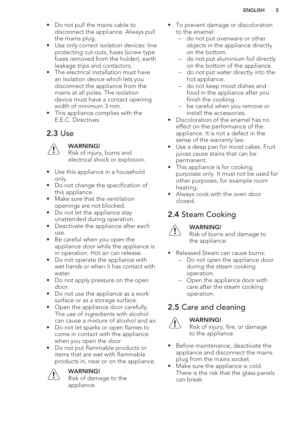 3 use, 4 steam cooking, 5 care and cleaning | AEG KE8404001M User Manual | Page 5 / 24