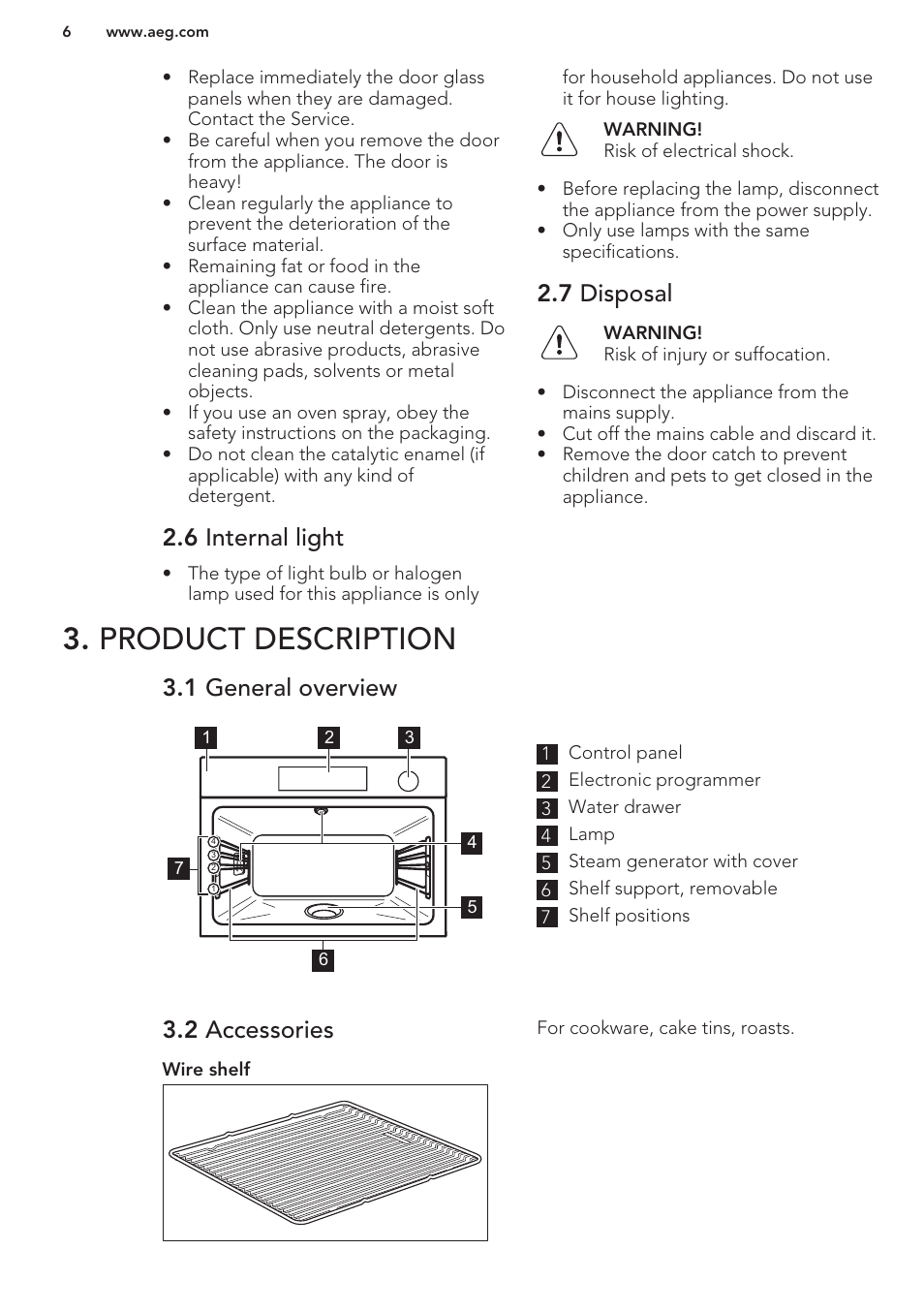 6 internal light, 7 disposal, Product description | 1 general overview, 2 accessories | AEG KE8404001M User Manual | Page 6 / 24