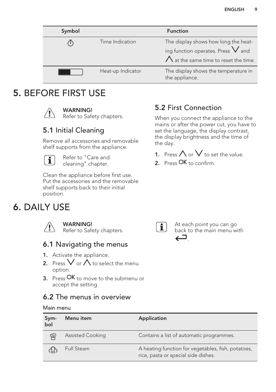 Before first use, 1 initial cleaning, 2 first connection | Daily use, 1 navigating the menus, 2 the menus in overview, Before first use 6. daily use | AEG KE8404001M User Manual | Page 9 / 24