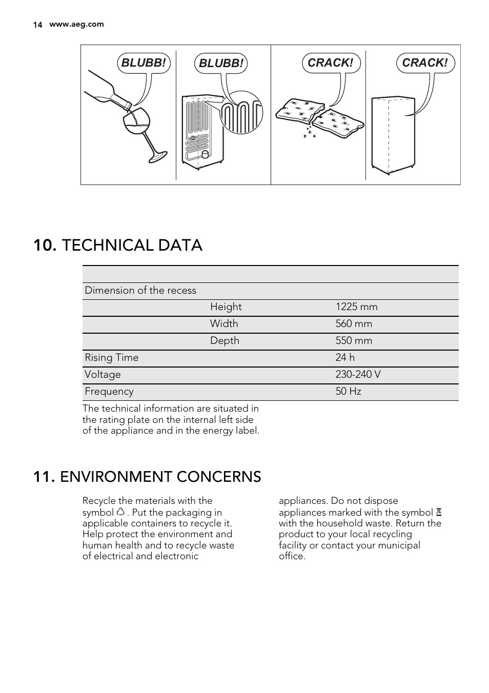 Technical data, Environment concerns | AEG AGN58210F0 User Manual | Page 14 / 16