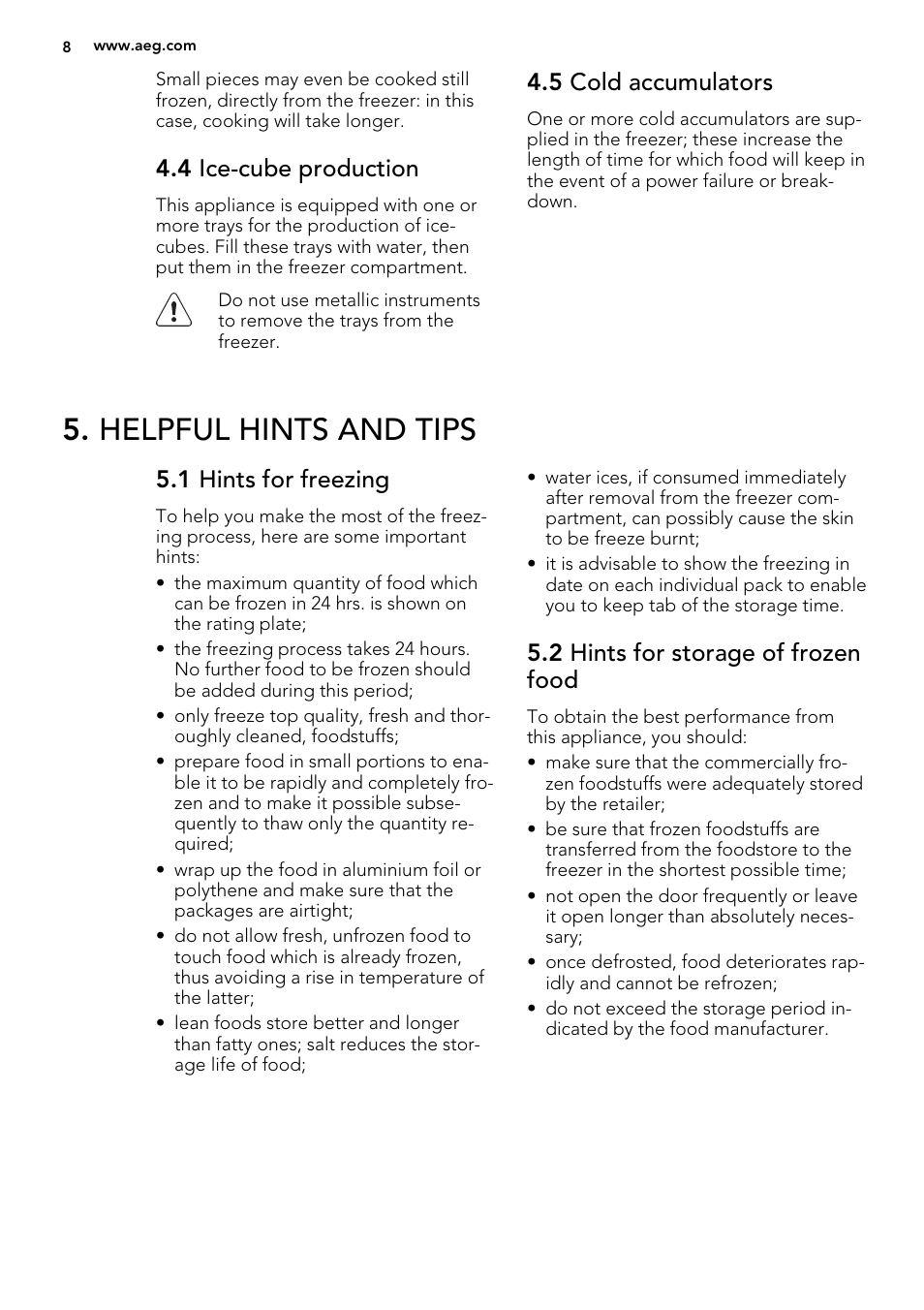 Helpful hints and tips, 4 ice-cube production, 5 cold accumulators | 1 hints for freezing, 2 hints for storage of frozen food | AEG AGN58210F0 User Manual | Page 8 / 16