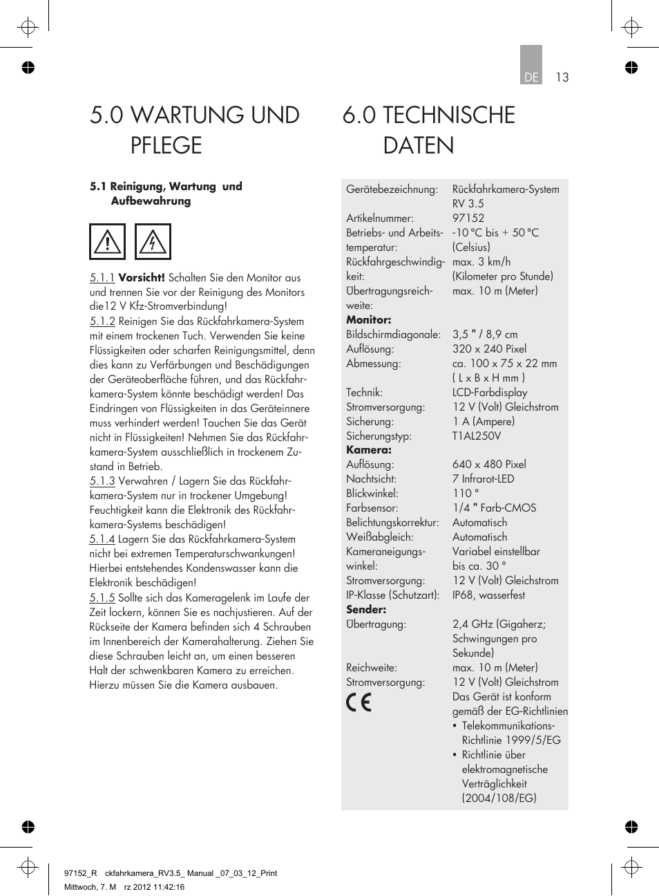 0 technische daten, 0 wartung und pflege | AEG Rear Camera System RV 3.5 User Manual | Page 13 / 80