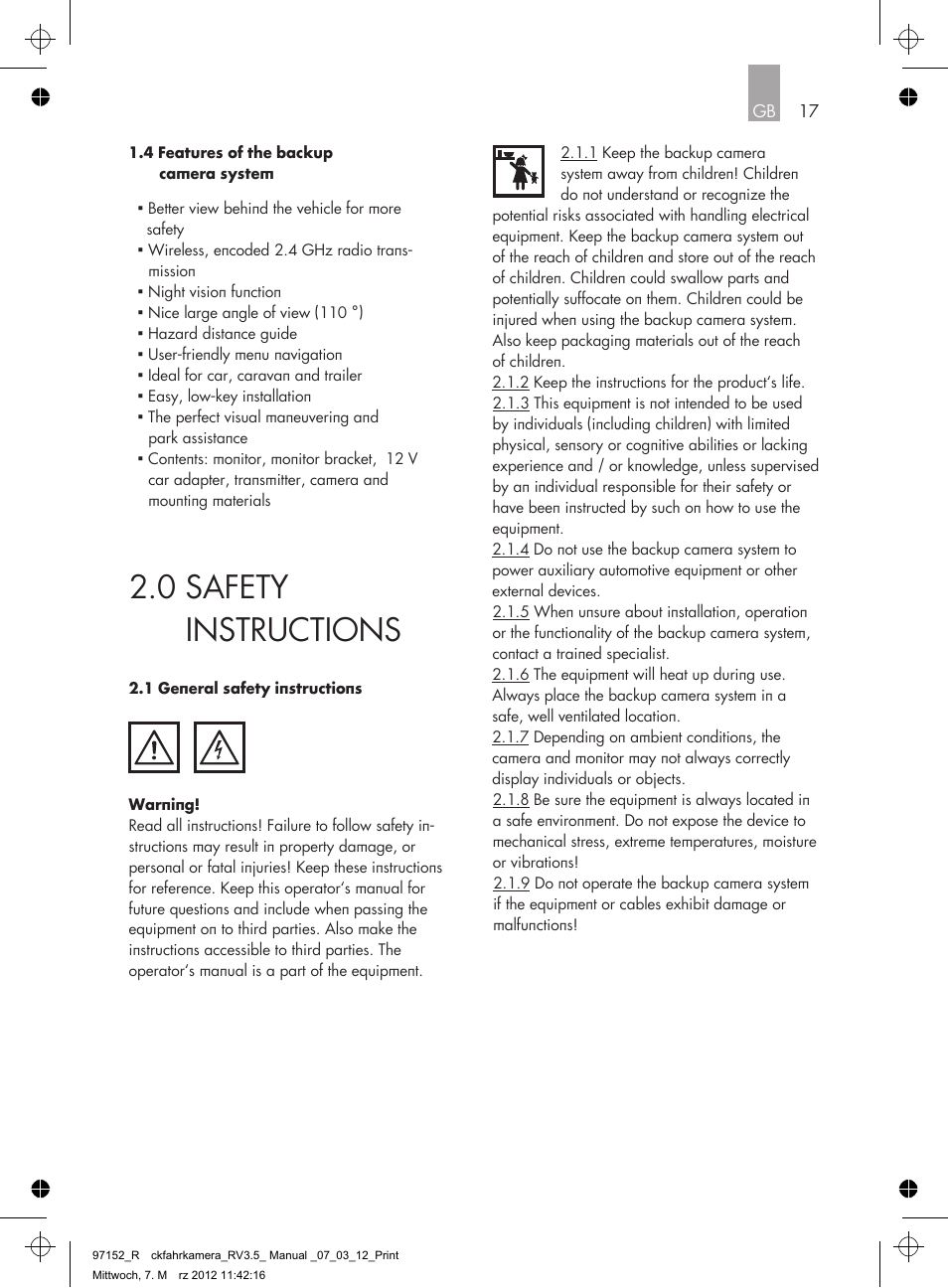 0 safety instructions | AEG Rear Camera System RV 3.5 User Manual | Page 17 / 80