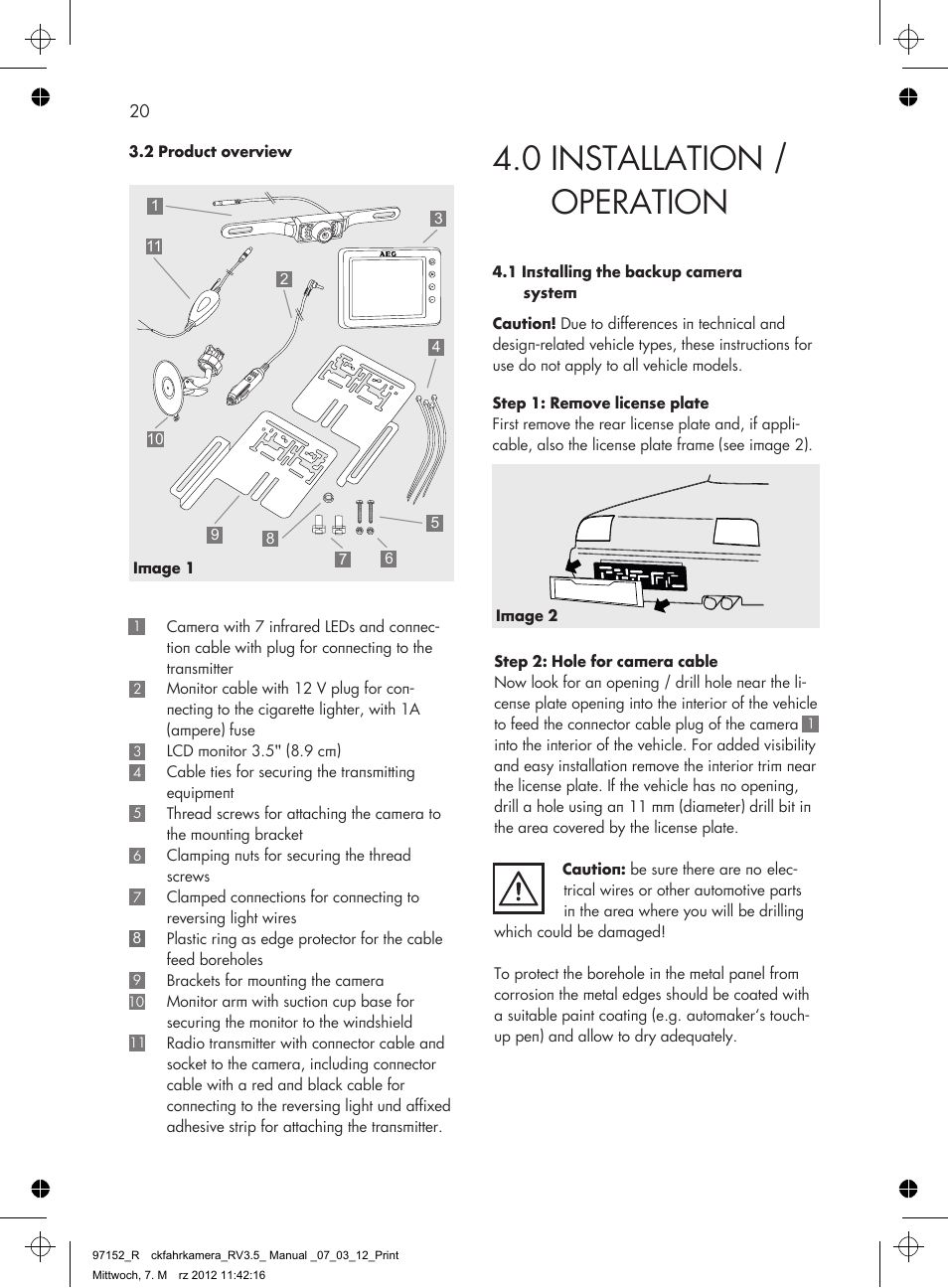 0 installation / operation | AEG Rear Camera System RV 3.5 User Manual | Page 20 / 80
