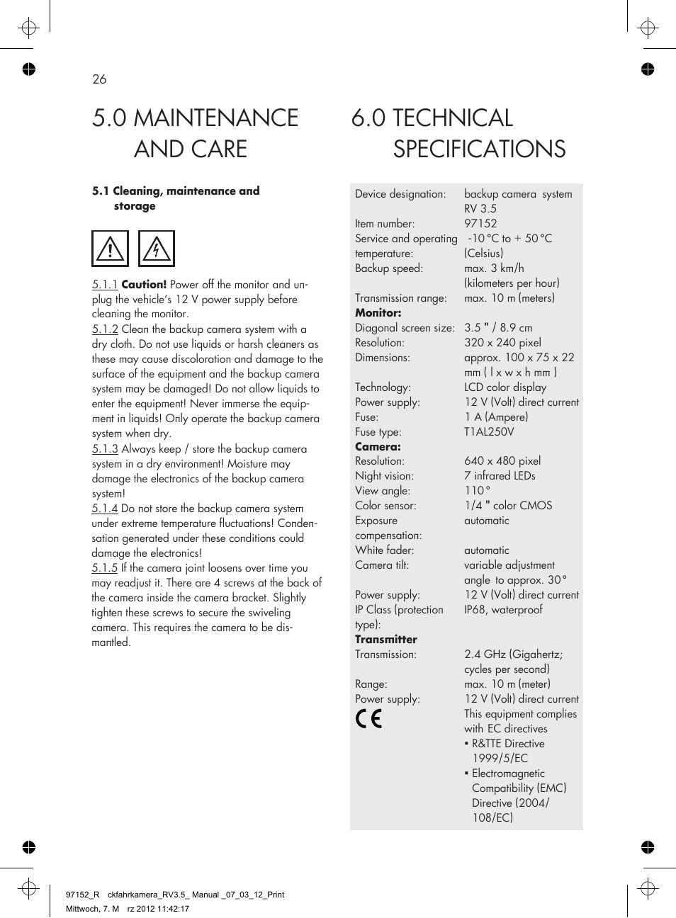 0 technical specifications, 0 maintenance and care | AEG Rear Camera System RV 3.5 User Manual | Page 26 / 80