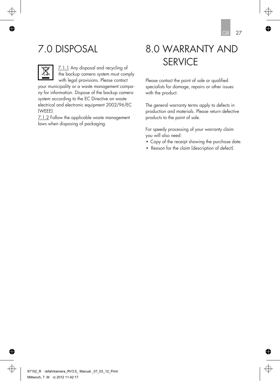 0 warranty and service, 0 disposal | AEG Rear Camera System RV 3.5 User Manual | Page 27 / 80