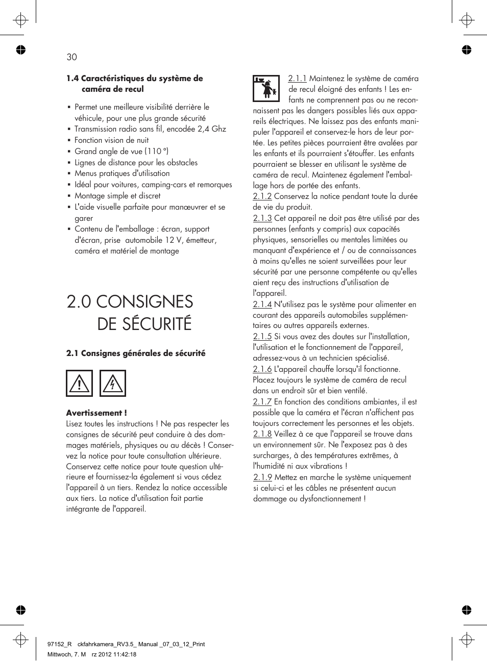 0 consignes de sécurité | AEG Rear Camera System RV 3.5 User Manual | Page 30 / 80