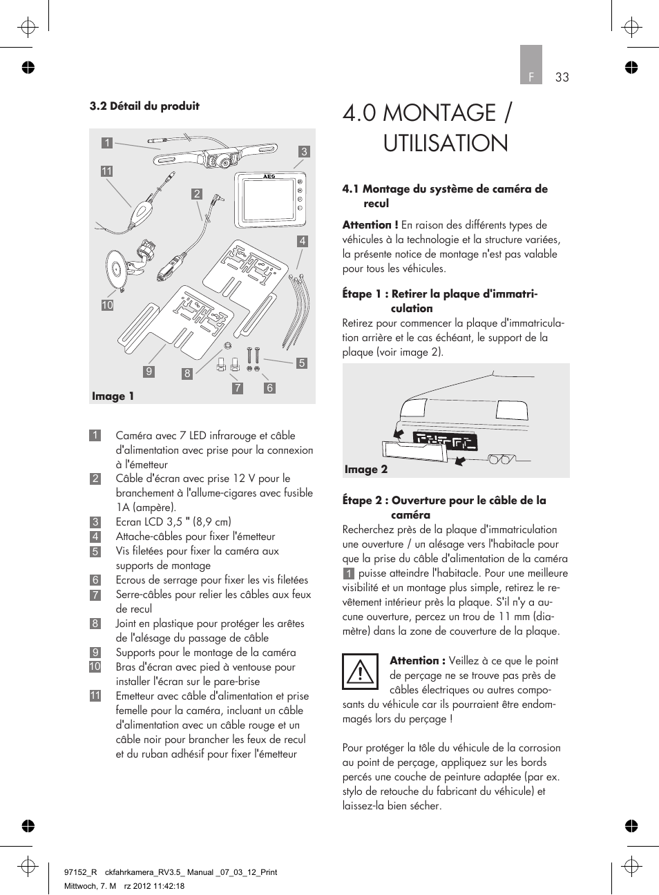 0 montage / utilisation | AEG Rear Camera System RV 3.5 User Manual | Page 33 / 80