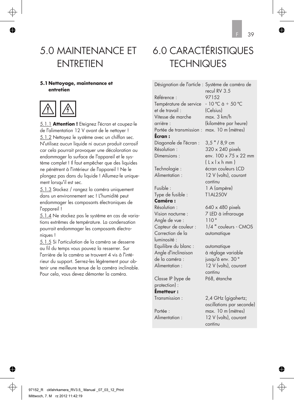 0 caractéristiques techniques, 0 maintenance et entretien | AEG Rear Camera System RV 3.5 User Manual | Page 39 / 80