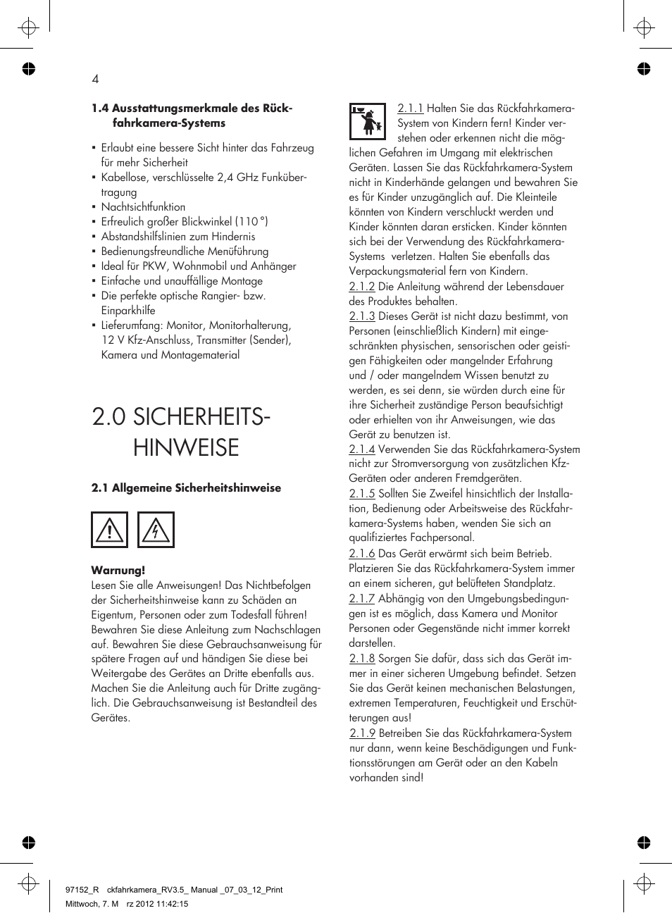 0 sicherheits- hinweise | AEG Rear Camera System RV 3.5 User Manual | Page 4 / 80