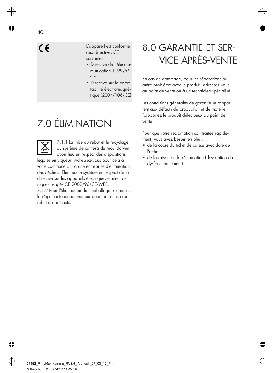 0 garantie et ser- vice après-vente, 0 élimination | AEG Rear Camera System RV 3.5 User Manual | Page 40 / 80