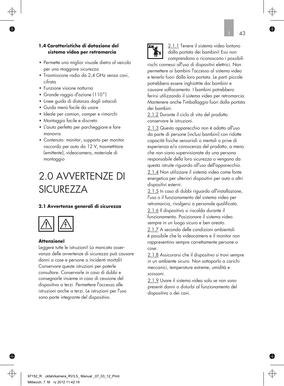 0 avvertenze di sicurezza | AEG Rear Camera System RV 3.5 User Manual | Page 43 / 80