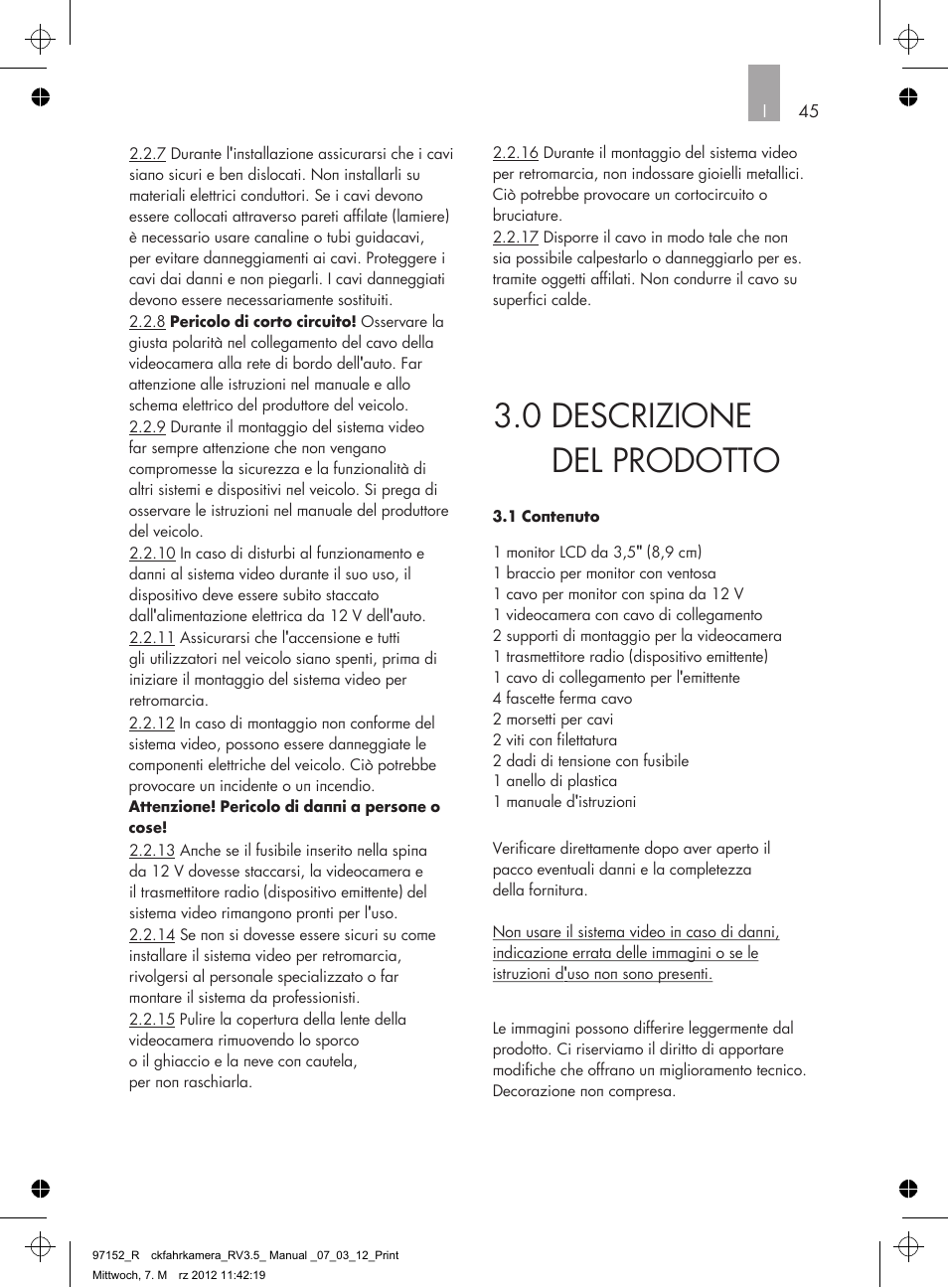 0 descrizione del prodotto | AEG Rear Camera System RV 3.5 User Manual | Page 45 / 80