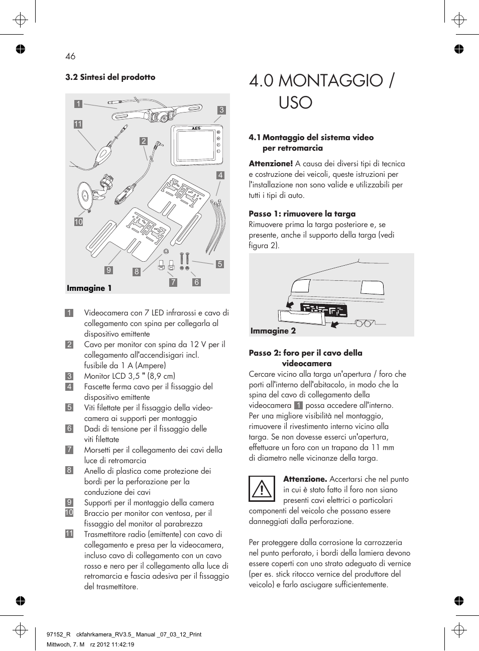 0 montaggio / uso | AEG Rear Camera System RV 3.5 User Manual | Page 46 / 80