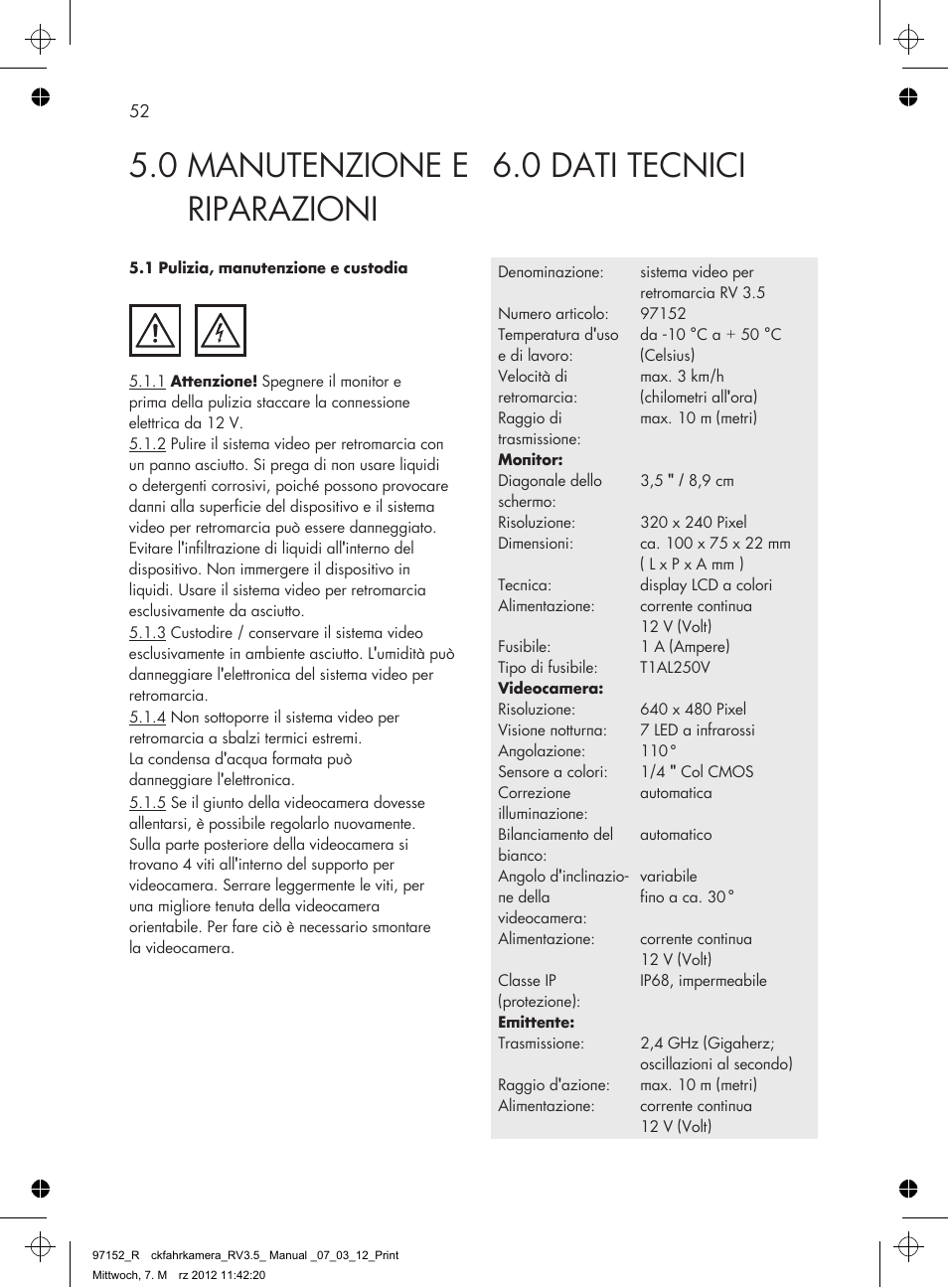 0 dati tecnici, 0 manutenzione e riparazioni | AEG Rear Camera System RV 3.5 User Manual | Page 52 / 80