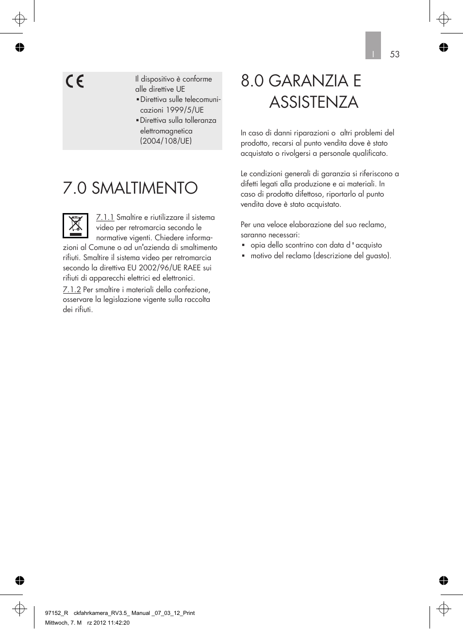 0 garanzia e assistenza, 0 smaltimento | AEG Rear Camera System RV 3.5 User Manual | Page 53 / 80