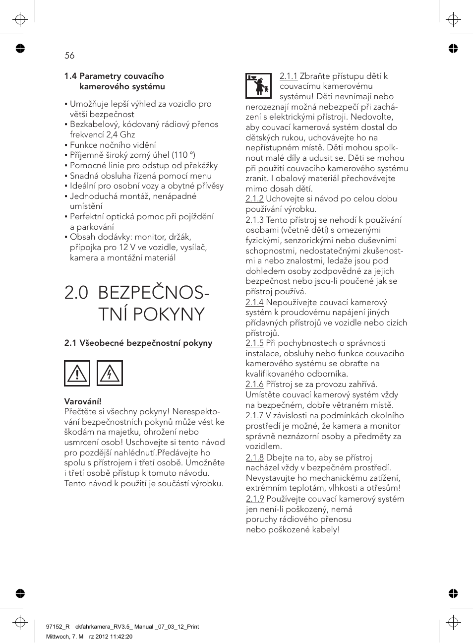 0 bezpečnos- tní pokyny | AEG Rear Camera System RV 3.5 User Manual | Page 56 / 80