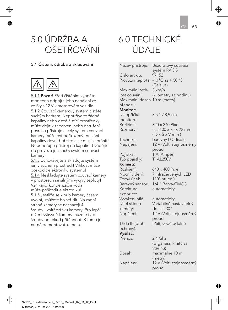 0 technické údaje, 0 údržba a ošetřování | AEG Rear Camera System RV 3.5 User Manual | Page 65 / 80