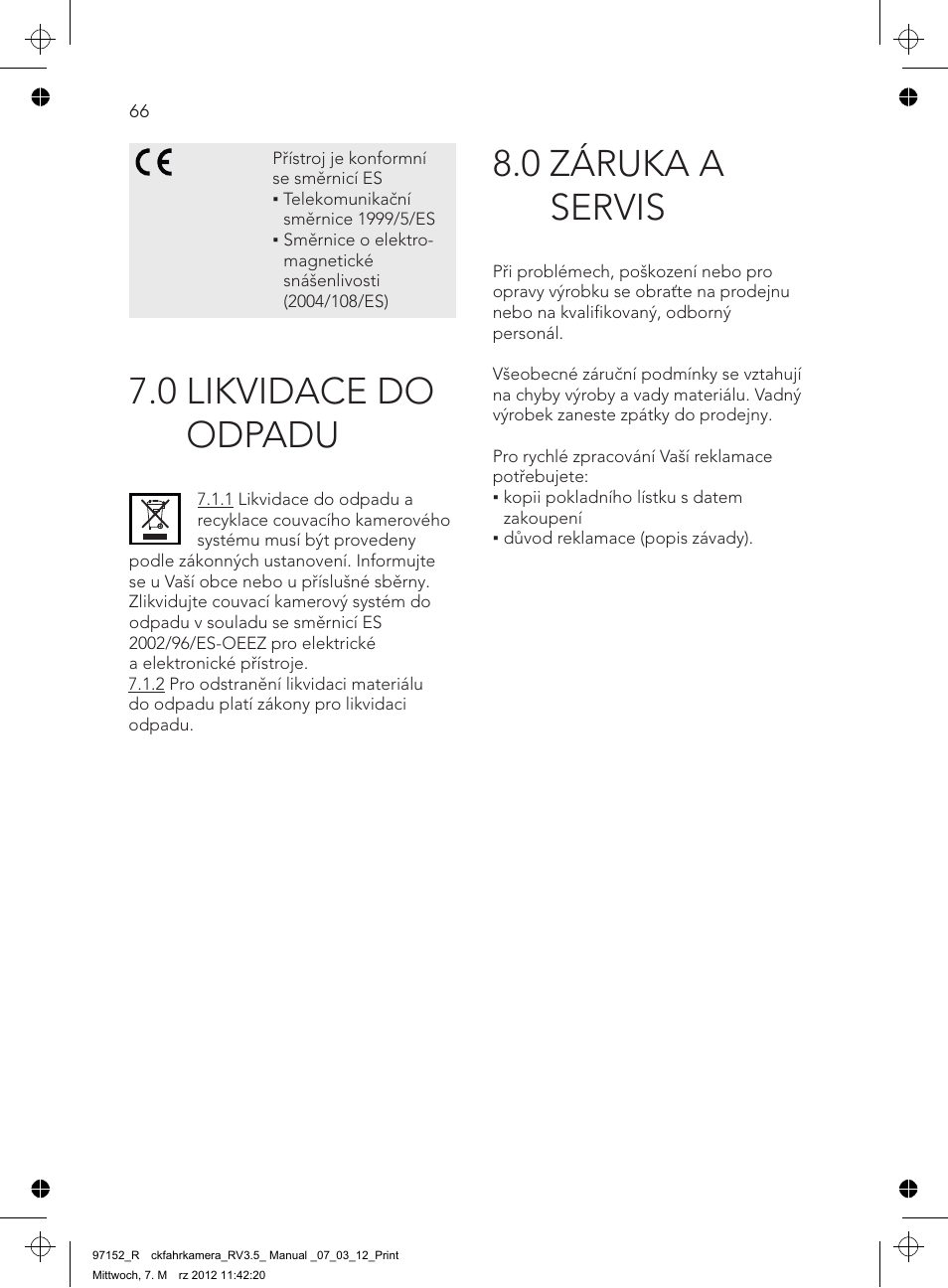 0 záruka a servis, 0 likvidace do odpadu | AEG Rear Camera System RV 3.5 User Manual | Page 66 / 80
