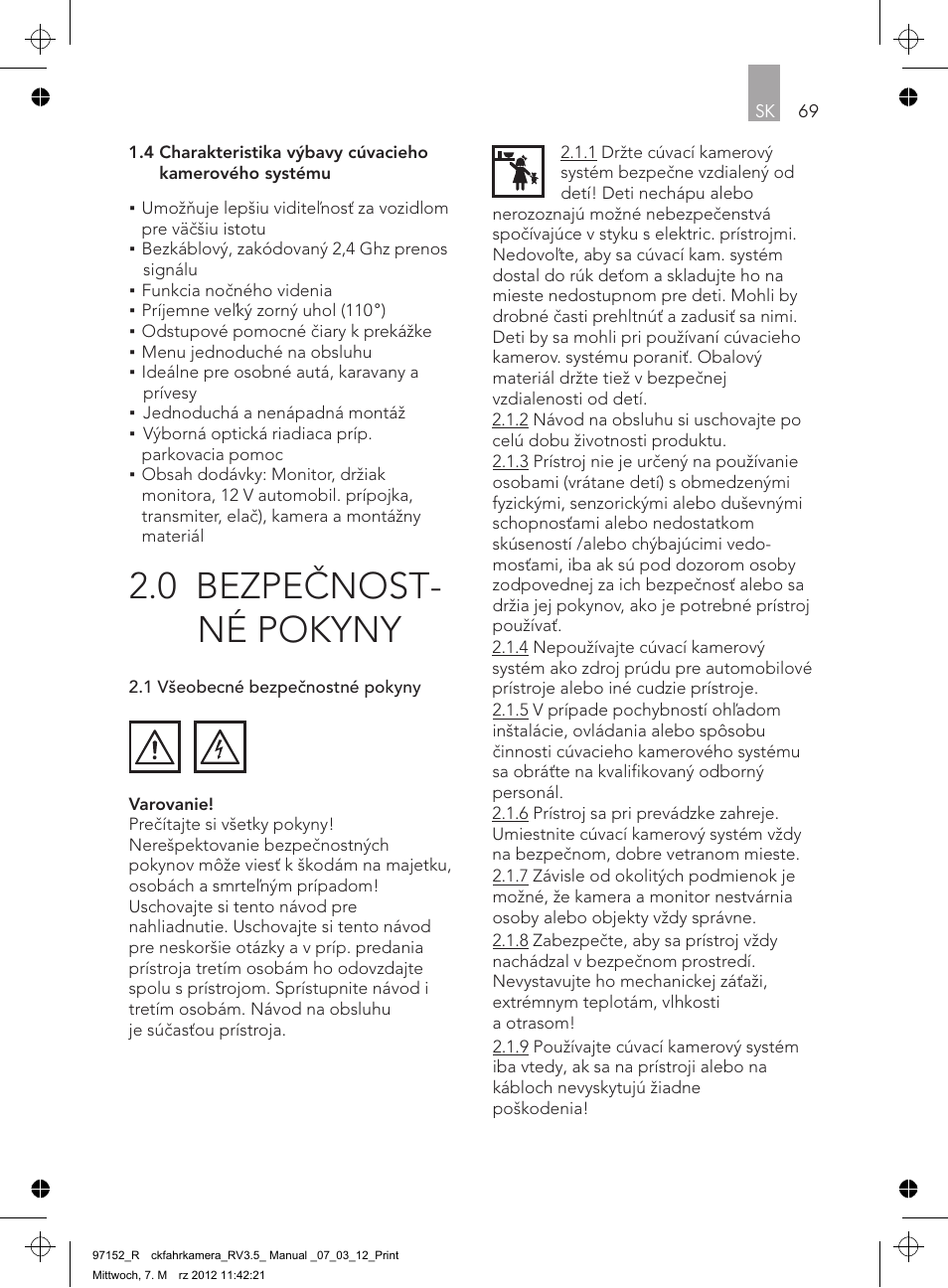 0 bezpečnost- né pokyny | AEG Rear Camera System RV 3.5 User Manual | Page 69 / 80