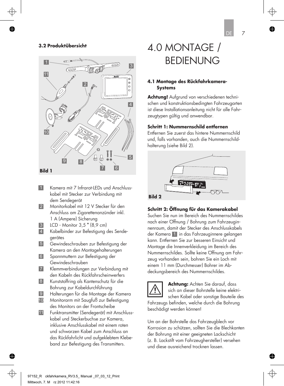 0 montage / bedienung | AEG Rear Camera System RV 3.5 User Manual | Page 7 / 80