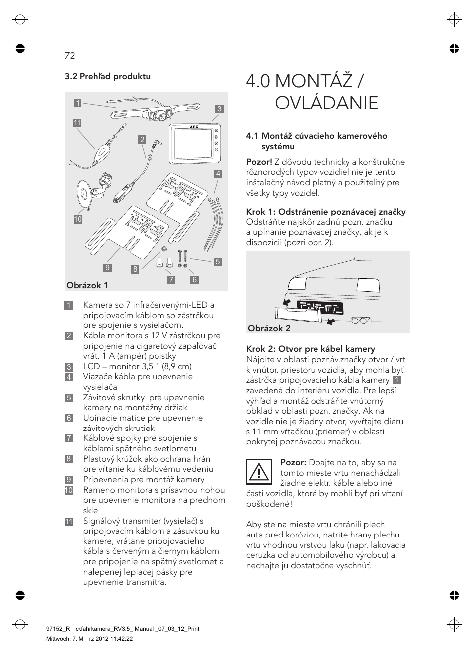 0 montáž / ovládanie | AEG Rear Camera System RV 3.5 User Manual | Page 72 / 80
