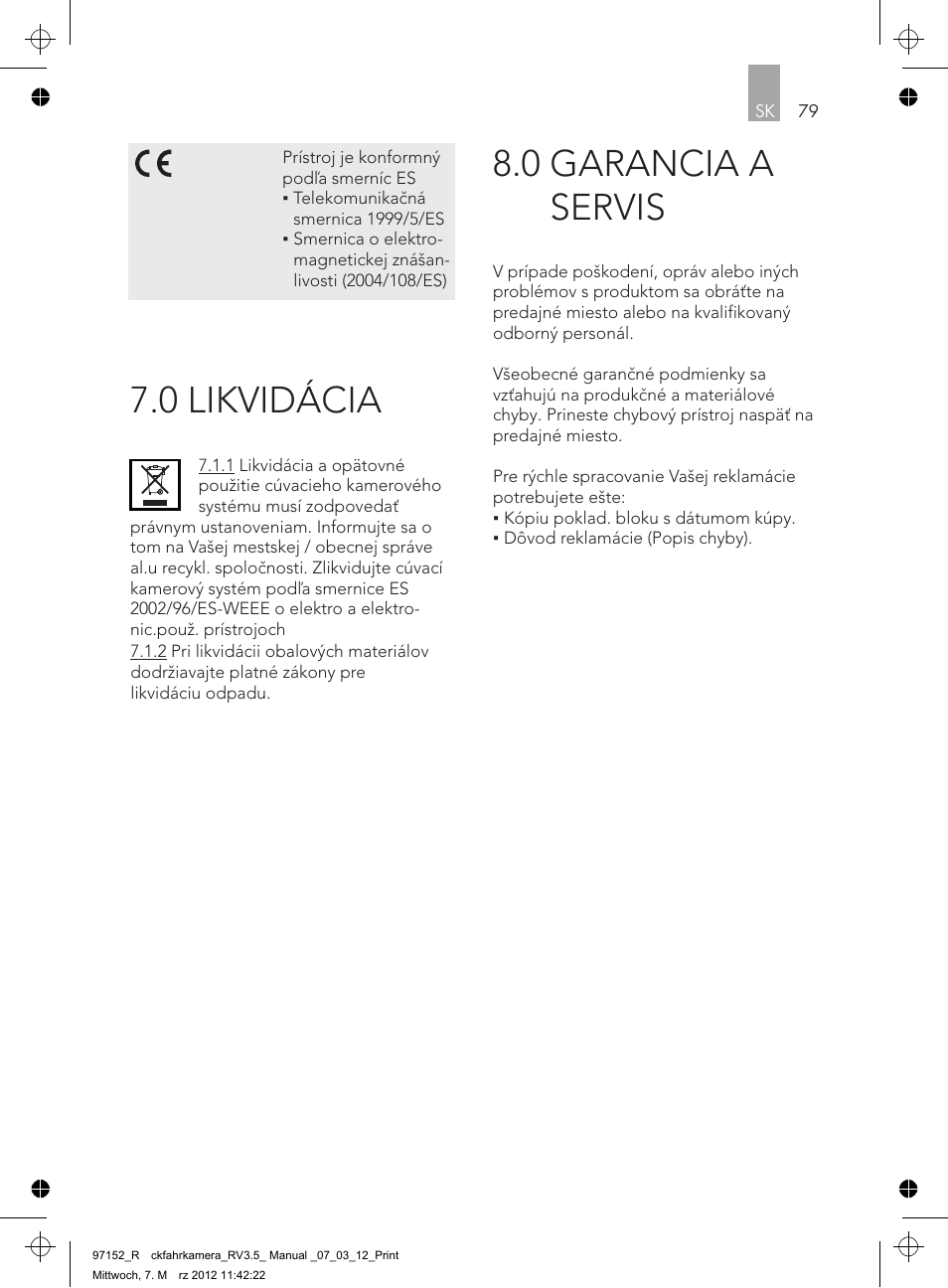 0 garancia a servis, 0 likvidácia | AEG Rear Camera System RV 3.5 User Manual | Page 79 / 80