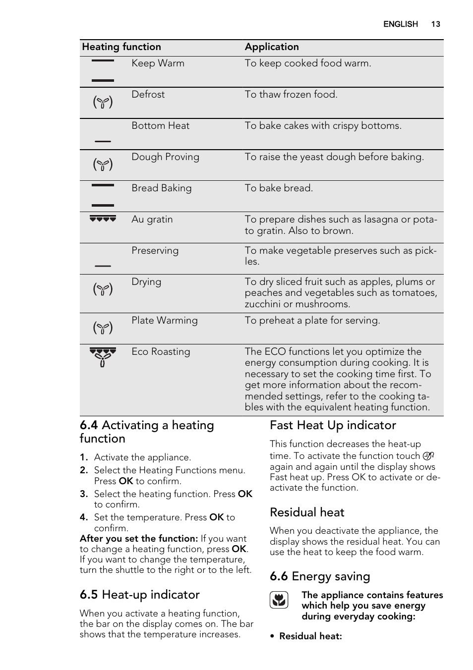 4 activating a heating function, 5 heat-up indicator, Fast heat up indicator | Residual heat, 6 energy saving | AEG DC7003000M User Manual | Page 13 / 52