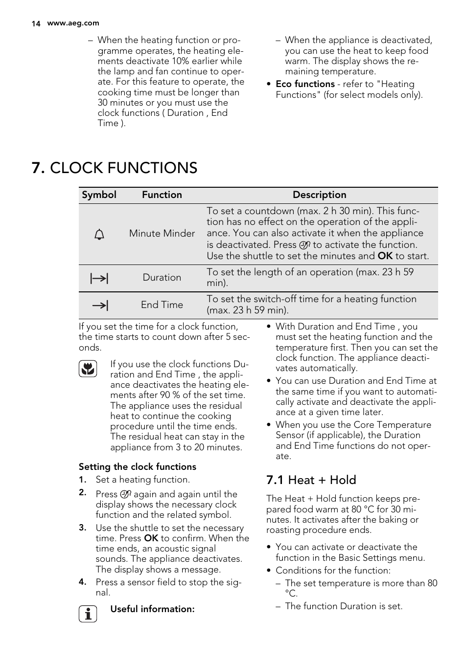Clock functions, 1 heat + hold | AEG DC7003000M User Manual | Page 14 / 52