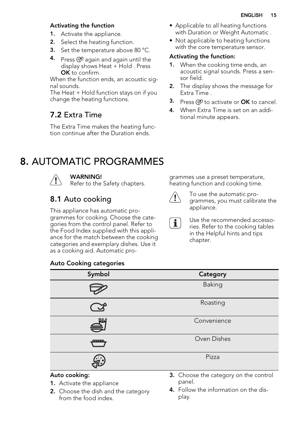 Automatic programmes, 2 extra time, 1 auto cooking | AEG DC7003000M User Manual | Page 15 / 52