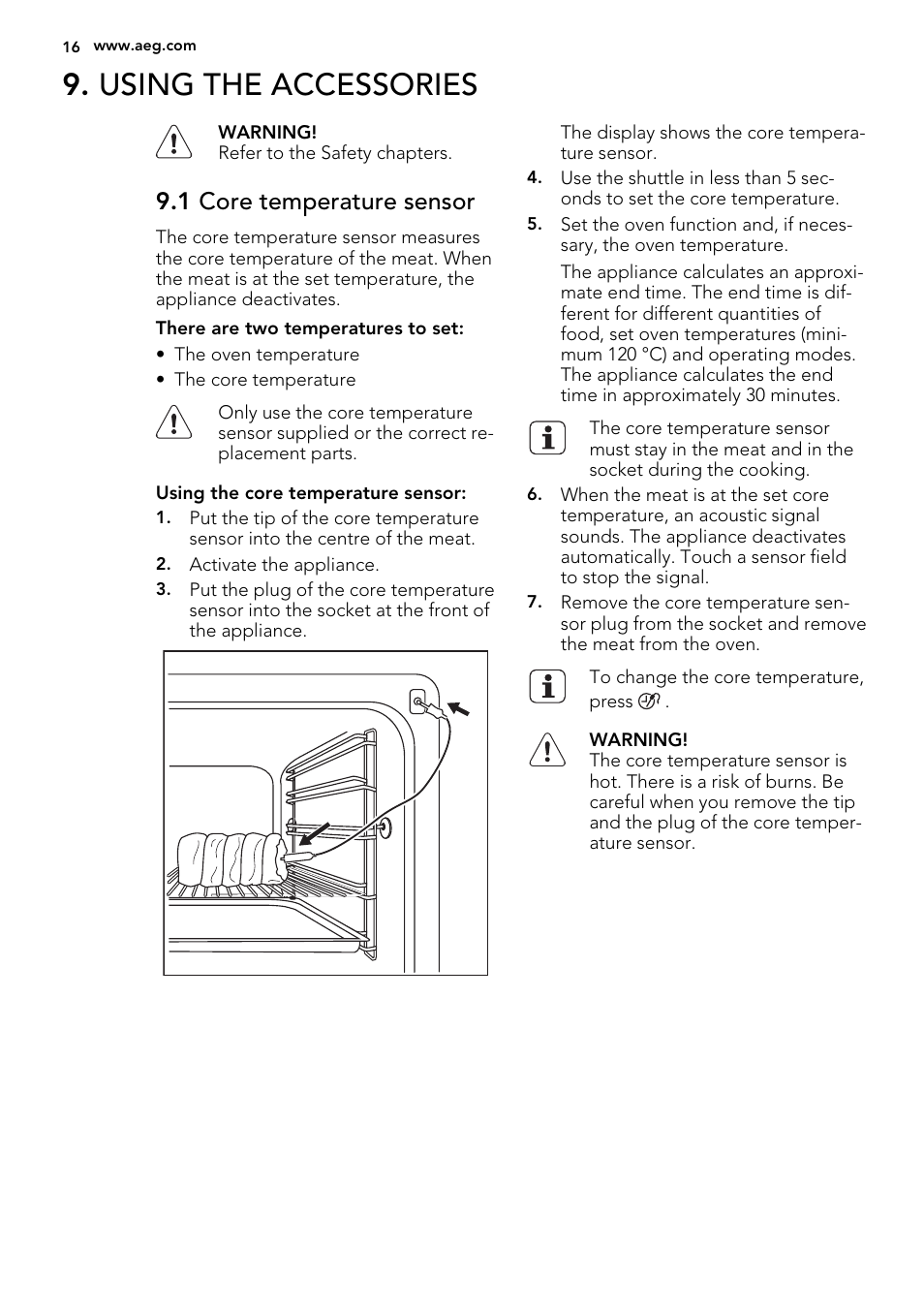 Using the accessories, 1 core temperature sensor | AEG DC7003000M User Manual | Page 16 / 52