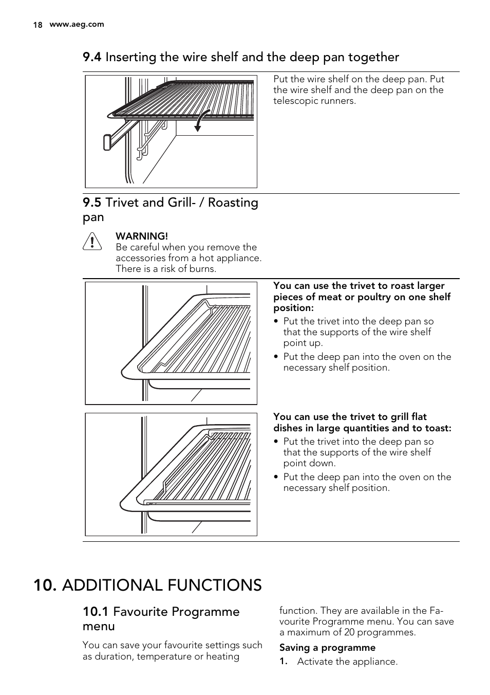 Additional functions, 5 trivet and grill- / roasting pan, 1 favourite programme menu | AEG DC7003000M User Manual | Page 18 / 52