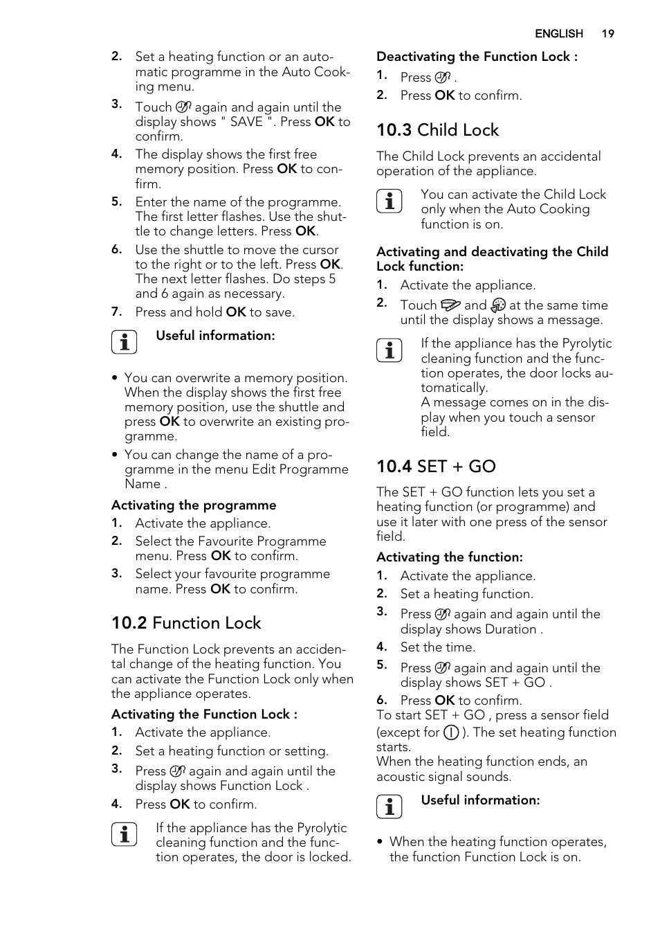 2 function lock, 3 child lock, 4 set + go | AEG DC7003000M User Manual | Page 19 / 52