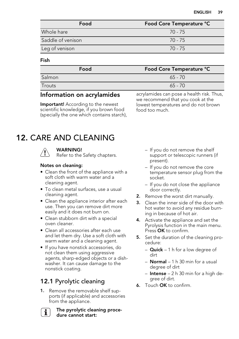 Care and cleaning, Information on acrylamides, 1 pyrolytic cleaning | AEG DC7003000M User Manual | Page 39 / 52