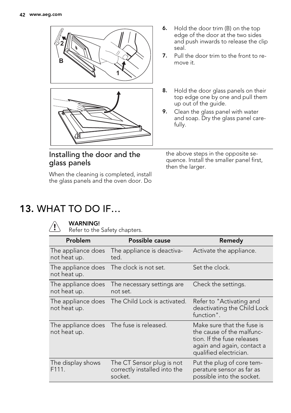 What to do if, Installing the door and the glass panels | AEG DC7003000M User Manual | Page 42 / 52