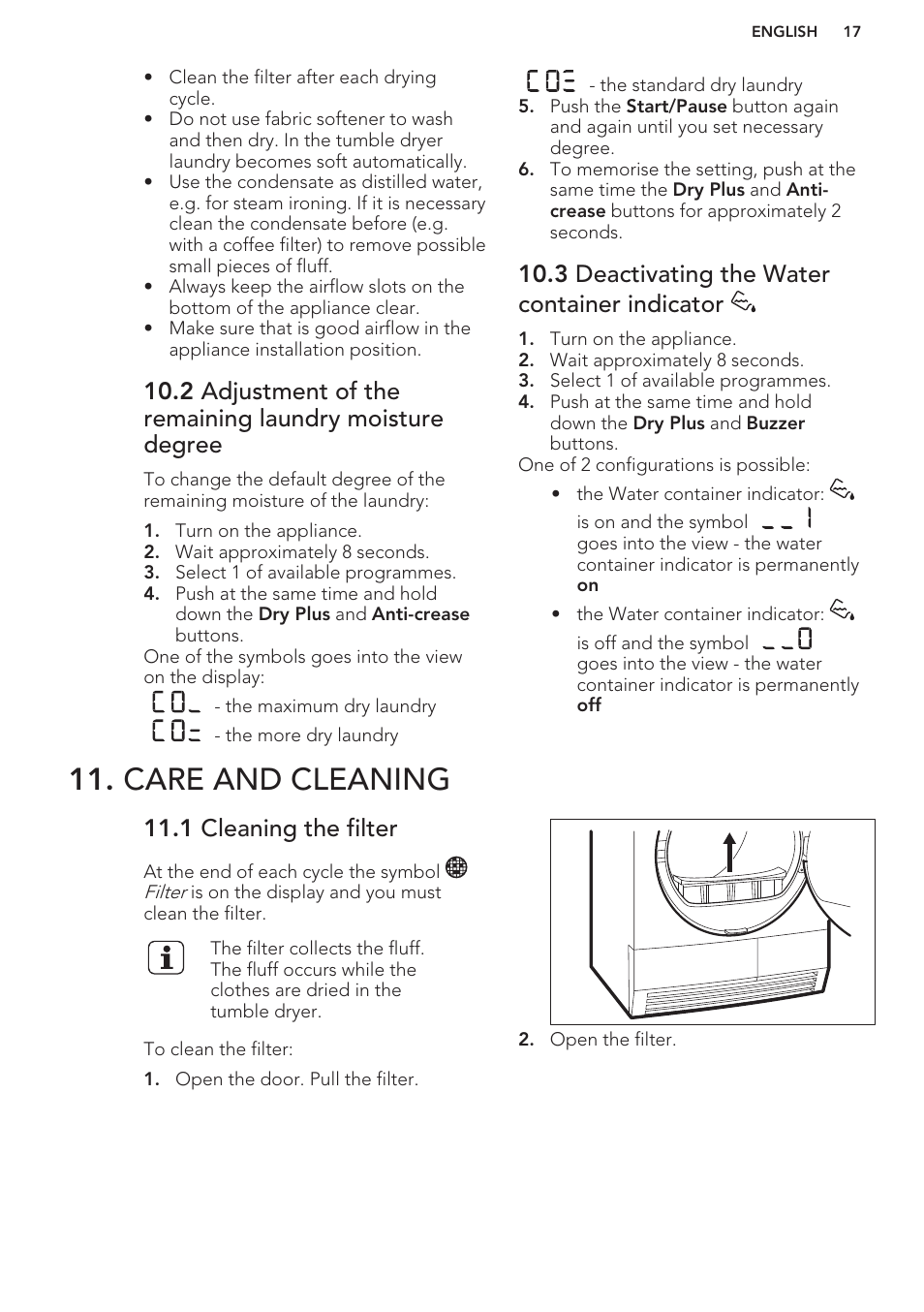 3 deactivating the water container indicator, Care and cleaning, 1 cleaning the filter | AEG T86580IH User Manual | Page 17 / 24