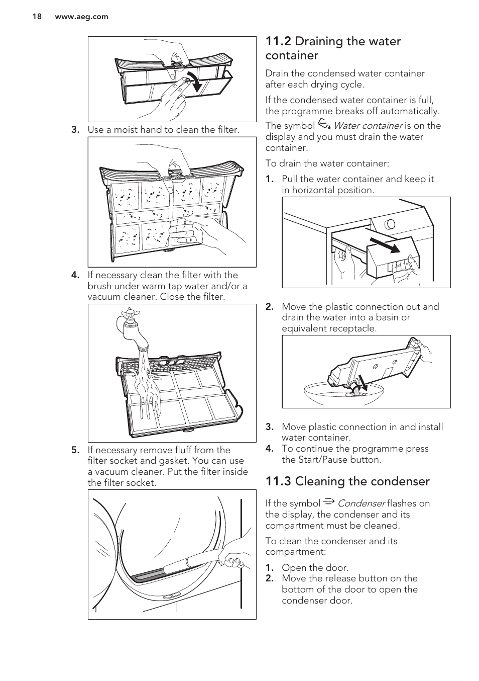 2 draining the water container, 3 cleaning the condenser | AEG T86580IH User Manual | Page 18 / 24