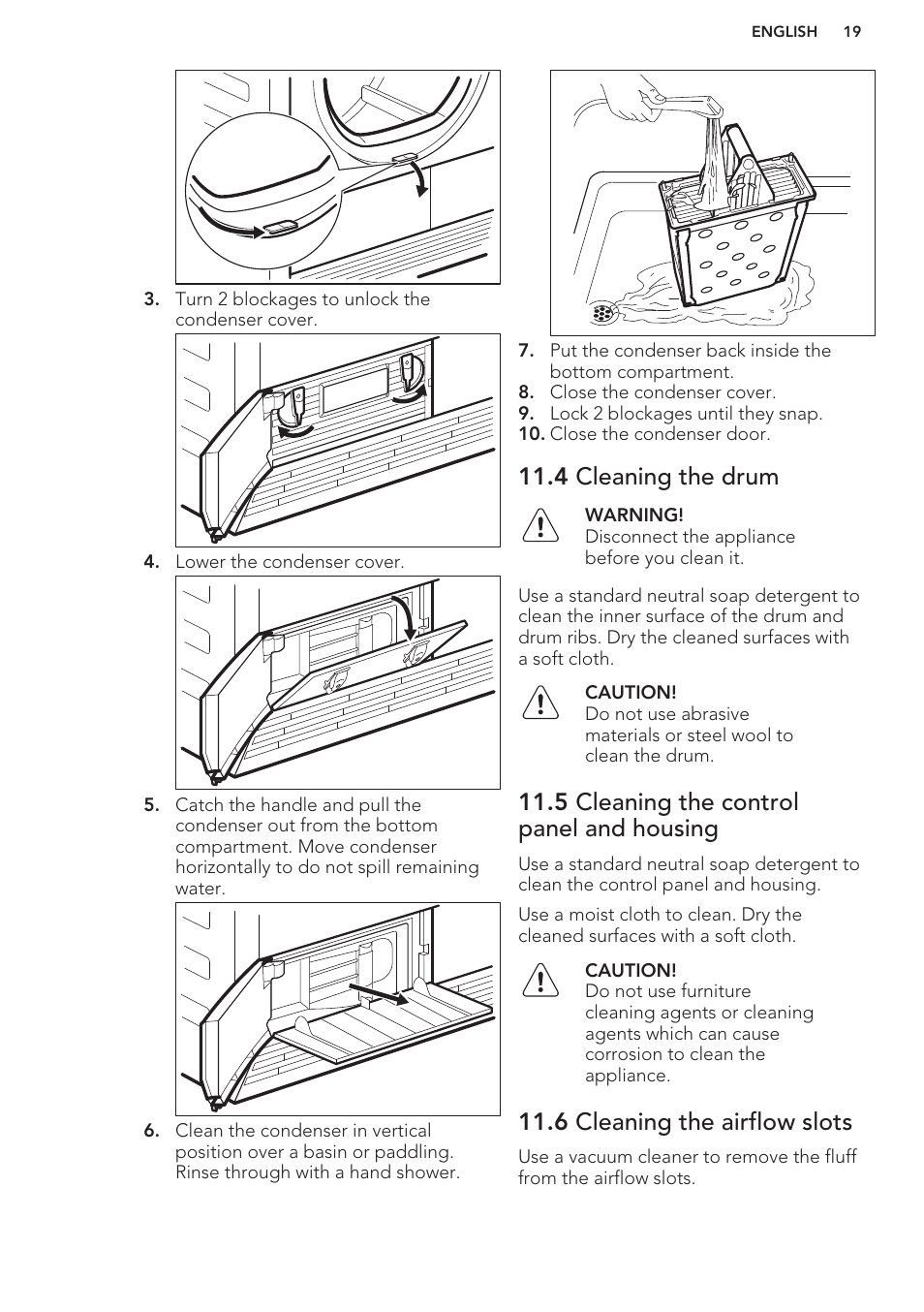 4 cleaning the drum, 5 cleaning the control panel and housing, 6 cleaning the airflow slots | AEG T86580IH User Manual | Page 19 / 24