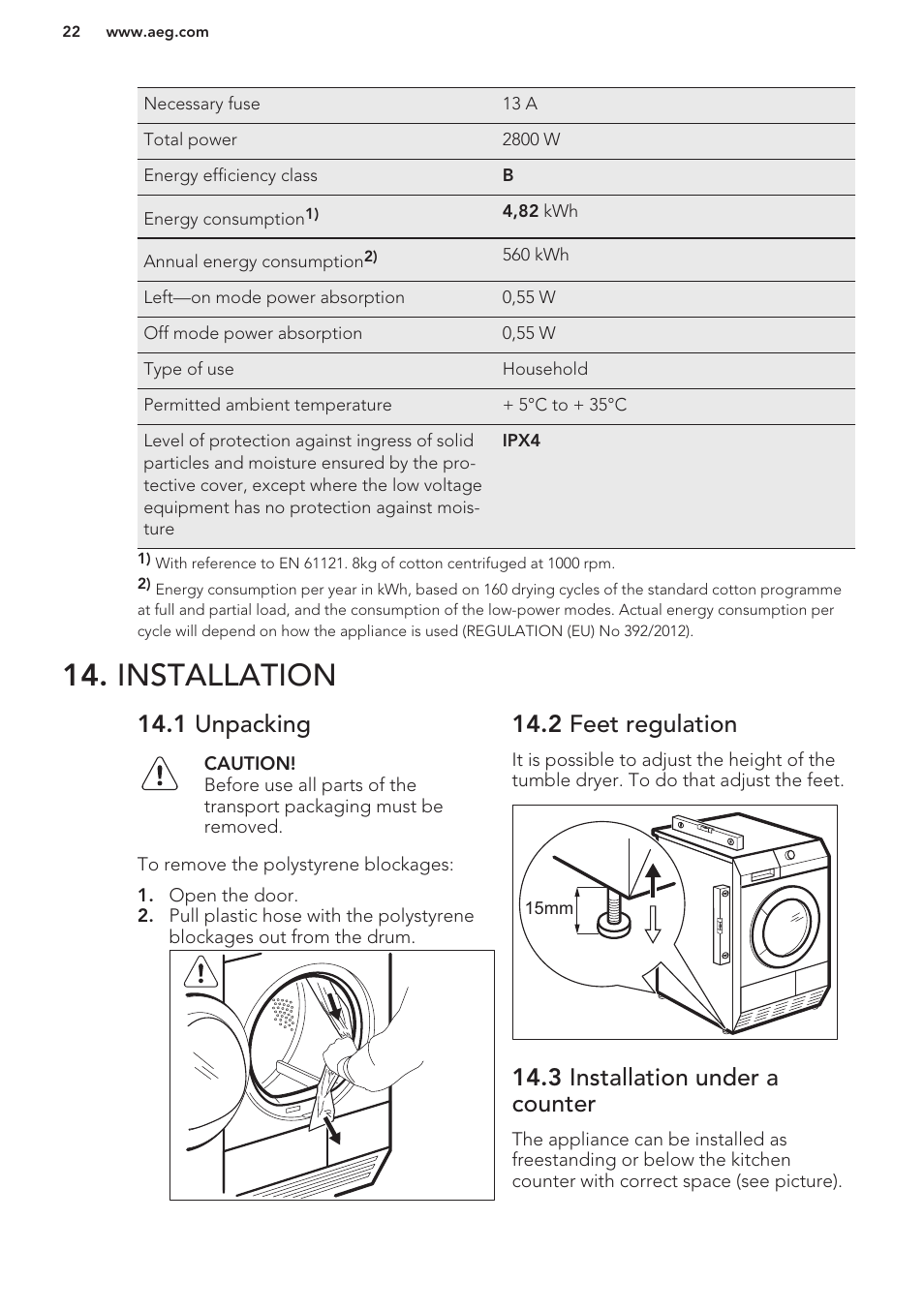 Installation, 1 unpacking, 2 feet regulation | 3 installation under a counter | AEG T86580IH User Manual | Page 22 / 24