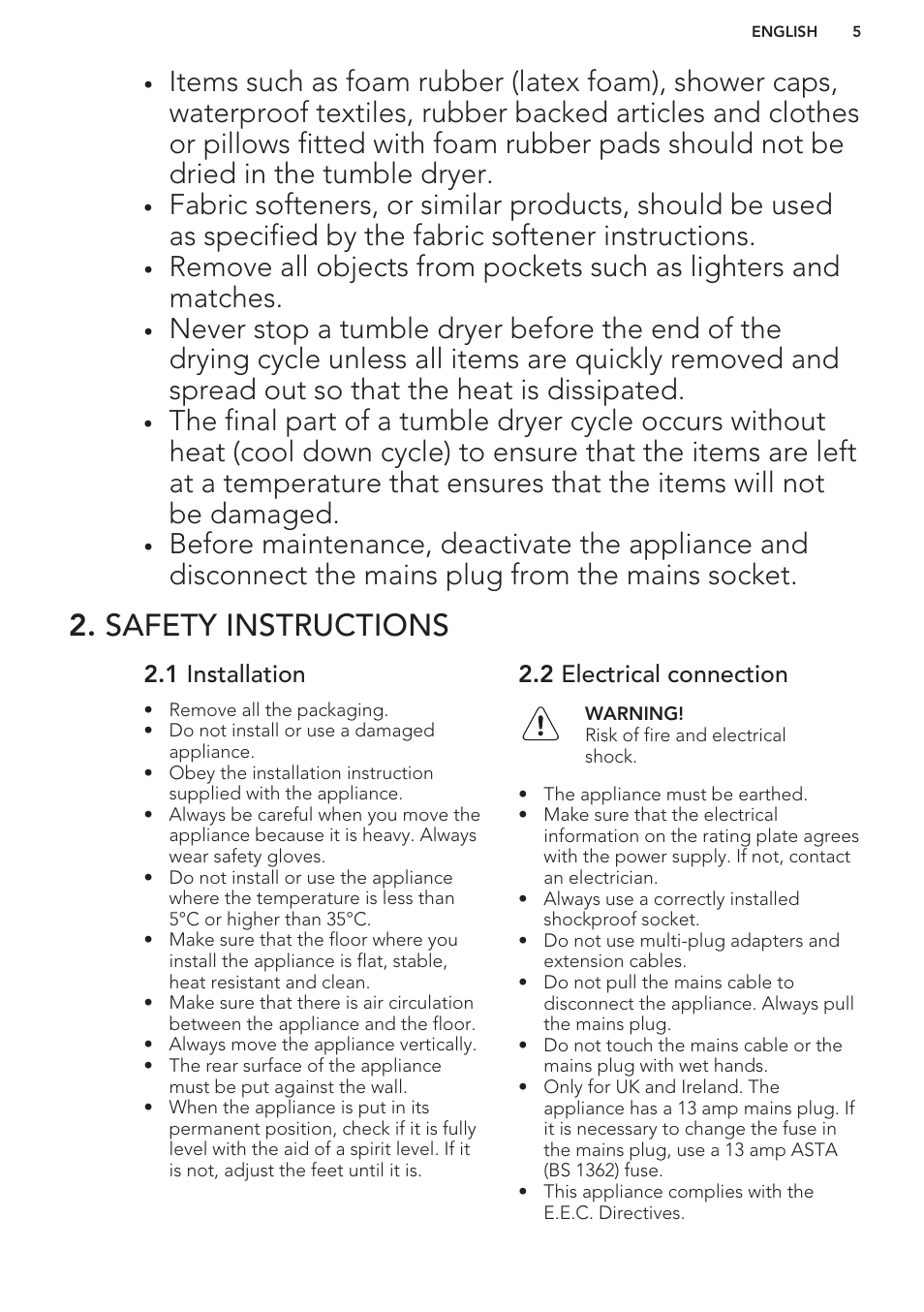 Safety instructions, 1 installation, 2 electrical connection | AEG T86580IH User Manual | Page 5 / 24
