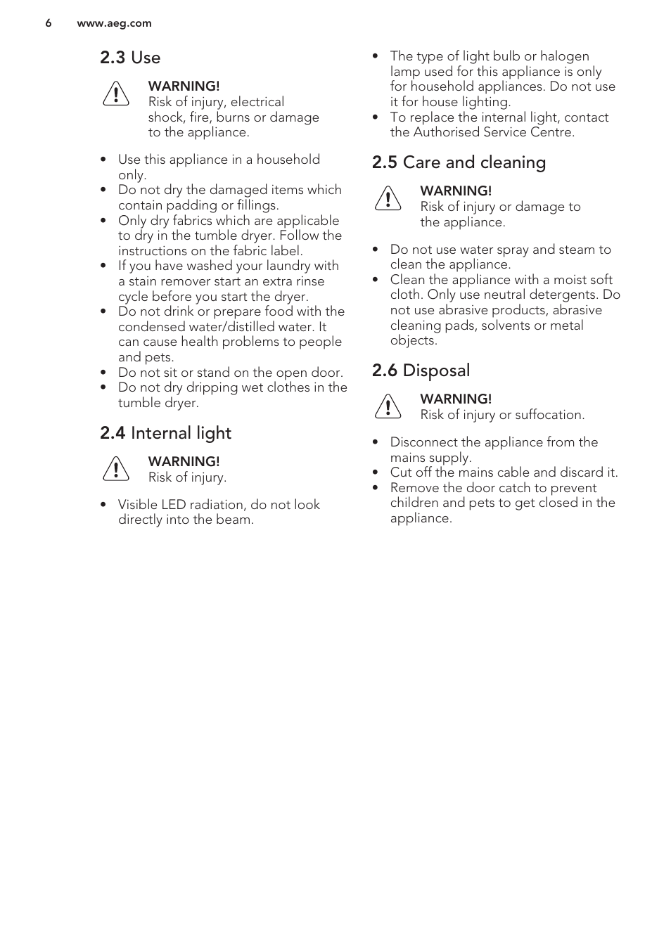 3 use, 4 internal light, 5 care and cleaning | 6 disposal | AEG T86580IH User Manual | Page 6 / 24
