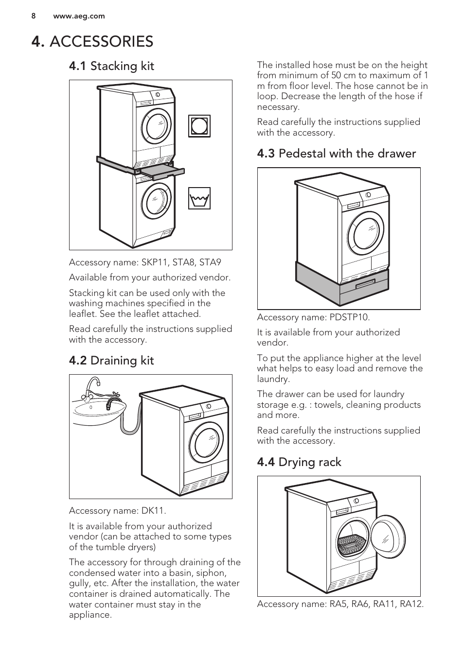 Accessories, 1 stacking kit, 2 draining kit | 3 pedestal with the drawer, 4 drying rack | AEG T86580IH User Manual | Page 8 / 24