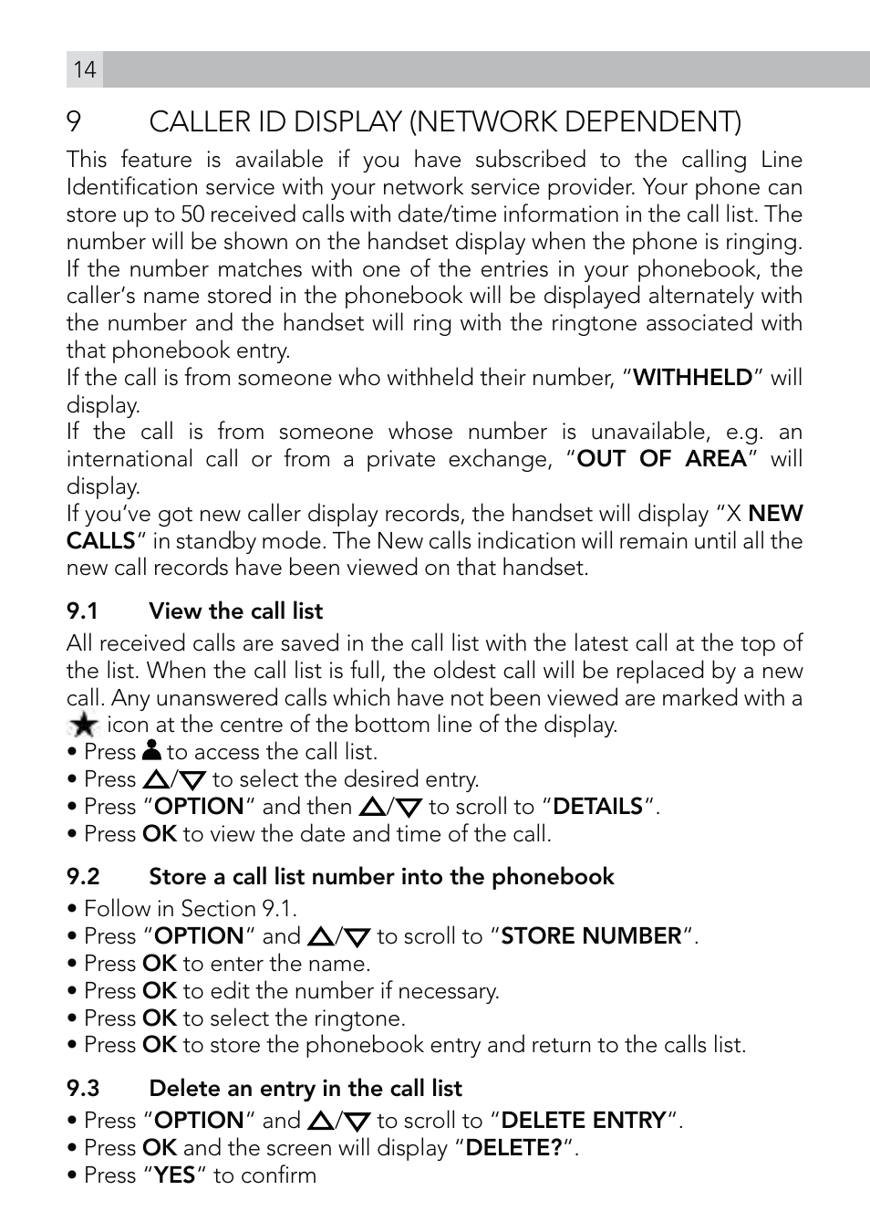 9caller id display (network dependent) | AEG Voxtel D570 User Manual | Page 14 / 84
