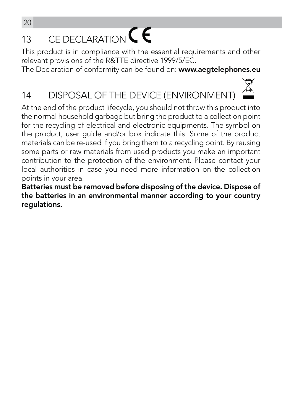 13 ce declaration, 14 disposal of the device (environment) | AEG Voxtel D570 User Manual | Page 20 / 84
