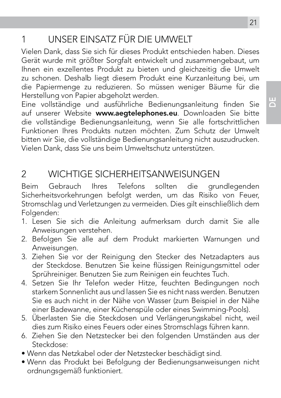 1unser einsatz für die umwelt, 2 wichtige sicherheitsanweisungen, En de | AEG Voxtel D570 User Manual | Page 21 / 84
