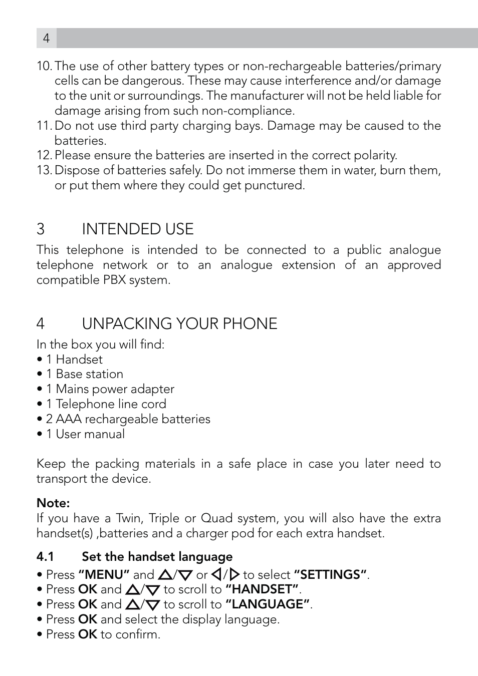 3 intended use, 4unpacking your phone | AEG Voxtel D570 User Manual | Page 4 / 84