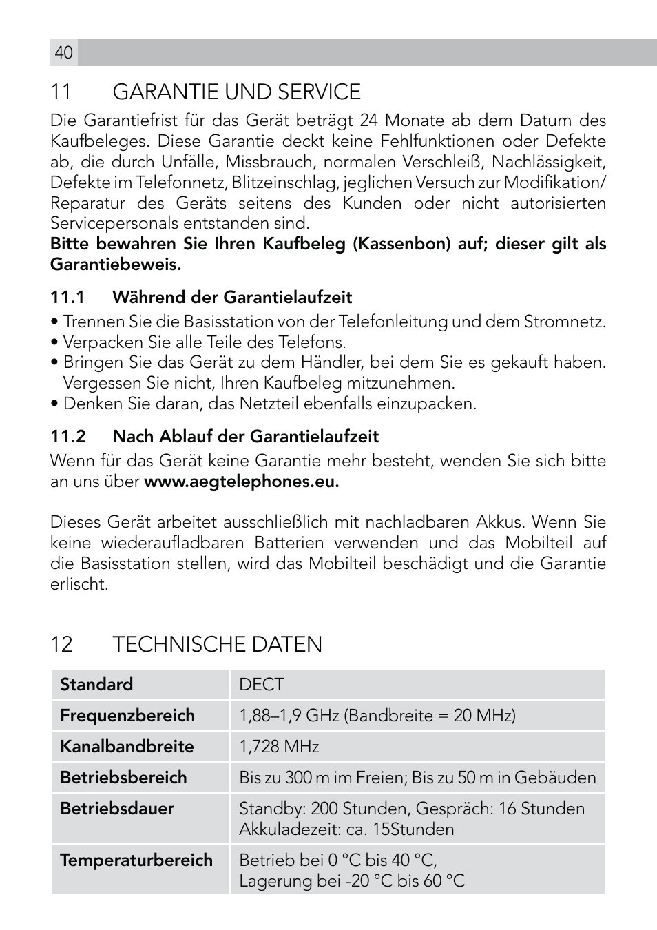 11 garantie und service, 12 technische daten | AEG Voxtel D570 User Manual | Page 40 / 84
